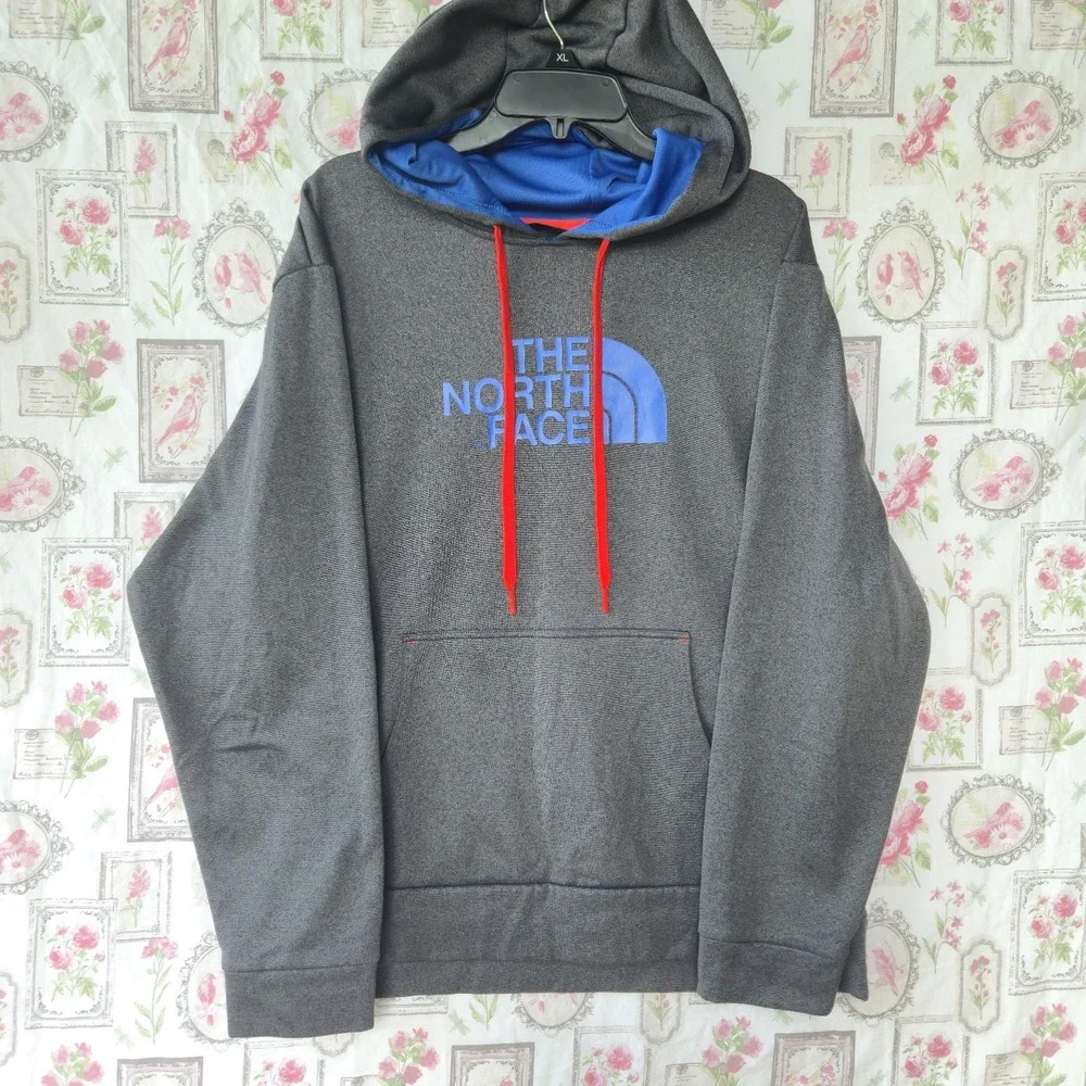 The North Face Mens XL Hoodie Gray Blue Fleece Pullover Sweatshirt Drawstring